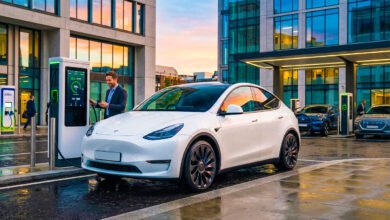 2021 Tesla Model Y parked on a UK road showing exterior design and alloy wheels