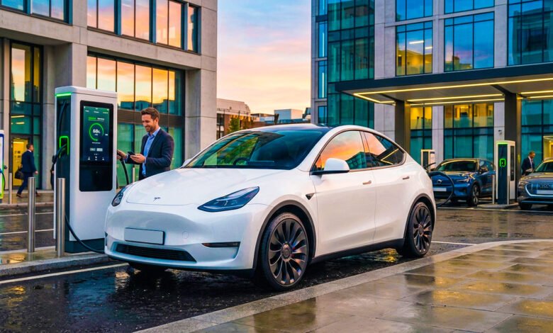 2021 Tesla Model Y parked on a UK road showing exterior design and alloy wheels