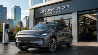 Leapmotor Service Cost UK guide featuring a Leapmotor C10 at a modern EV service centre