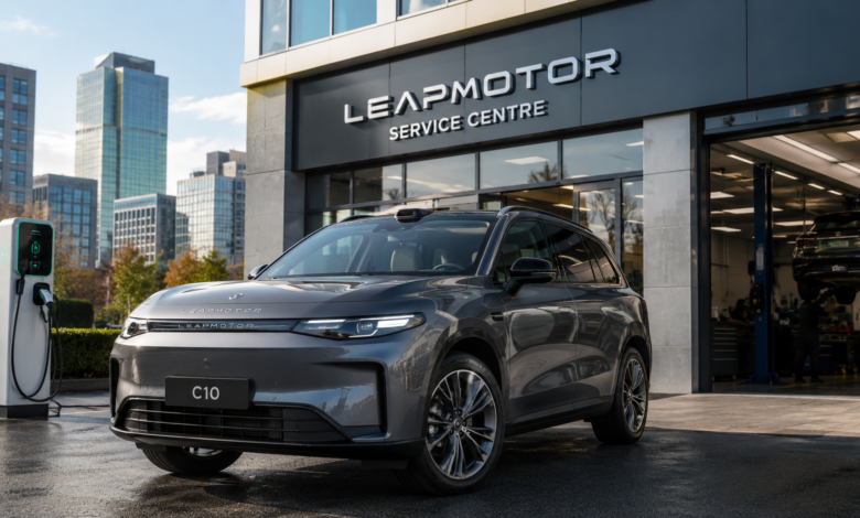 Leapmotor Service Cost UK guide featuring a Leapmotor C10 at a modern EV service centre