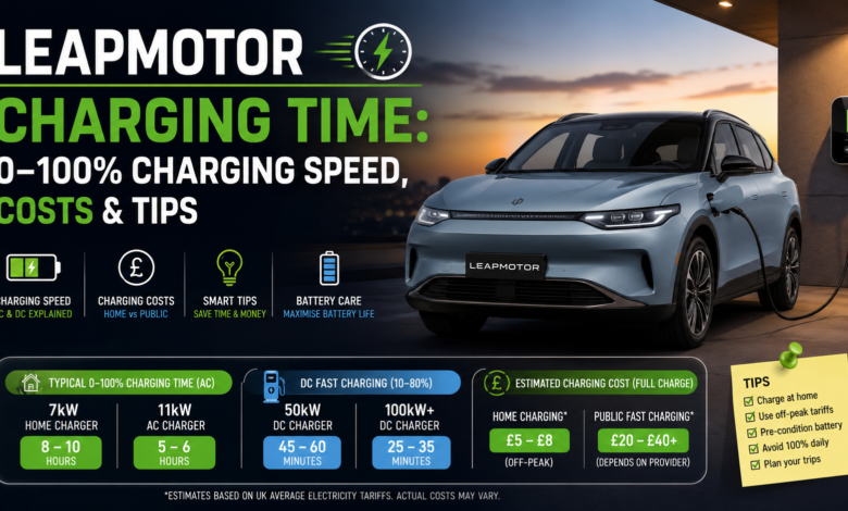 Leapmotor Charging Time infographic showing 0–100% charging speed, charging costs and EV charging tips