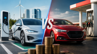 EV vs petrol cost UK comparison showing an electric car charging and a petrol car at a fuel station in 2026
