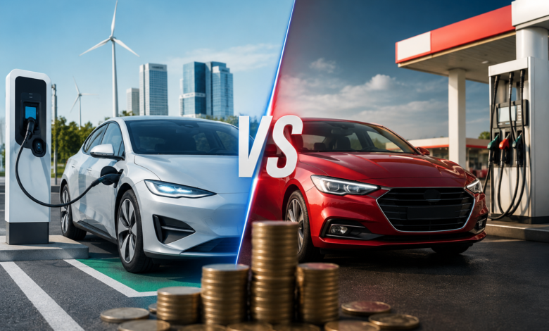 EV vs petrol cost UK comparison showing an electric car charging and a petrol car at a fuel station in 2026