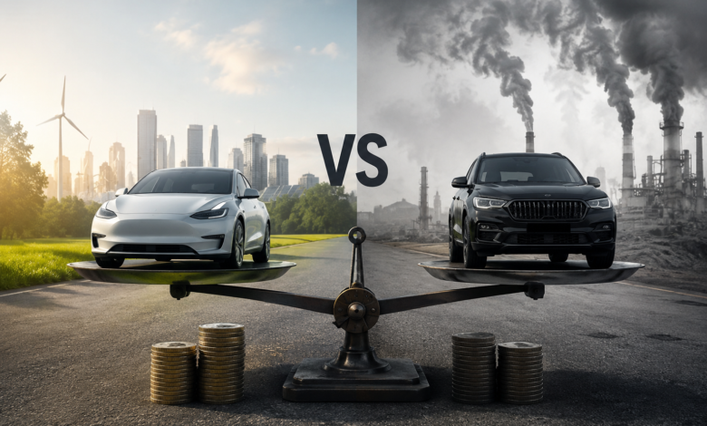 EV vs diesel UK cost comparison showing electric car vs diesel car with VS concept