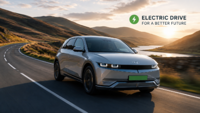 Electric car driving on a UK road at sunset representing electric car running costs UK in 2026