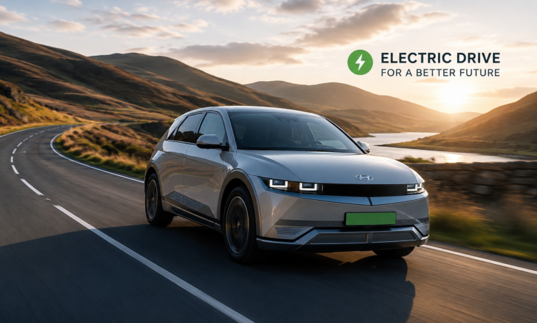 Electric car driving on a UK road at sunset representing electric car running costs UK in 2026