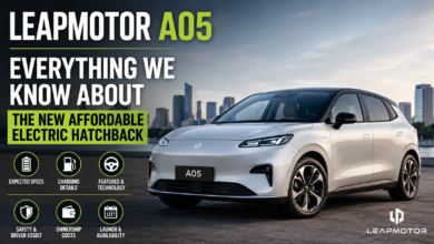 Leapmotor A05 affordable electric hatchback front view with modern city skyline background