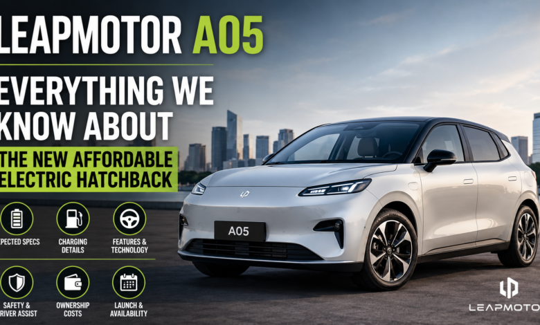 Leapmotor A05 affordable electric hatchback front view with modern city skyline background