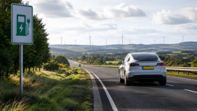 Best EV motorway range UK with a long-range electric car driving on a UK motorway
