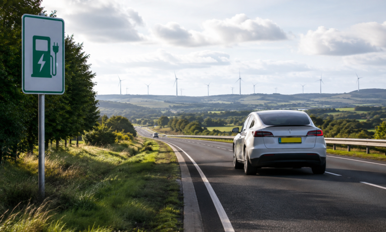 Best EV motorway range UK with a long-range electric car driving on a UK motorway