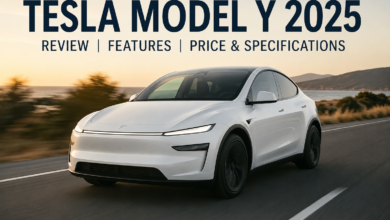 Tesla Model Y 2025 white electric SUV driving on a highway – Review, Features, Price & Specifications