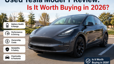 Used Tesla Model Y parked outdoors, showcasing the electric SUV reviewed for buyers considering a used Tesla Model Y in 2026.