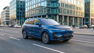 Leapmotor B10 Review 2026 showing the Leapmotor B10 electric SUV parked on a modern European city street.