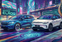 Leapmotor C10 vs Skoda Elroq electric SUVs side by side on a modern UK city street