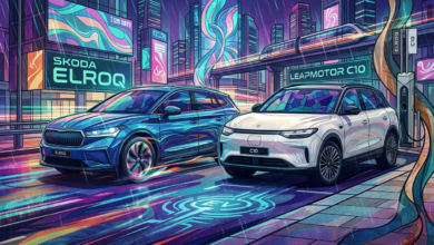 Leapmotor C10 vs Skoda Elroq electric SUVs side by side on a modern UK city street