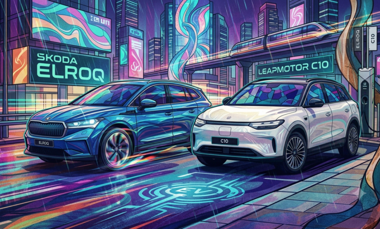 Leapmotor C10 vs Skoda Elroq electric SUVs side by side on a modern UK city street