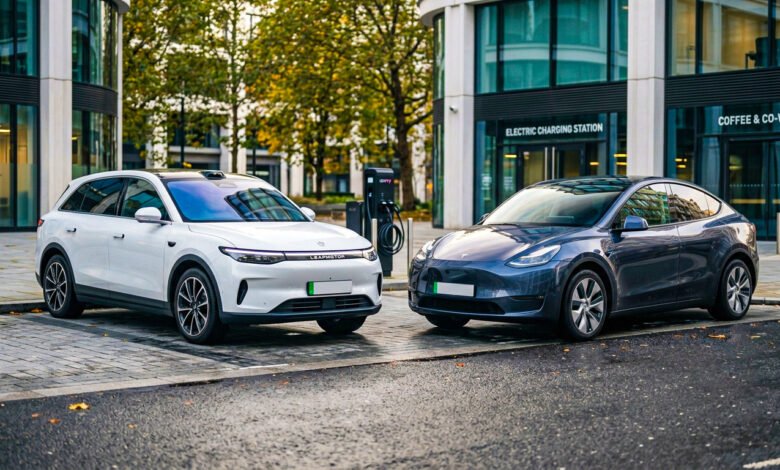 Leapmotor C10 vs Tesla Model Y side by side on a modern UK city street, comparing two electric SUVs