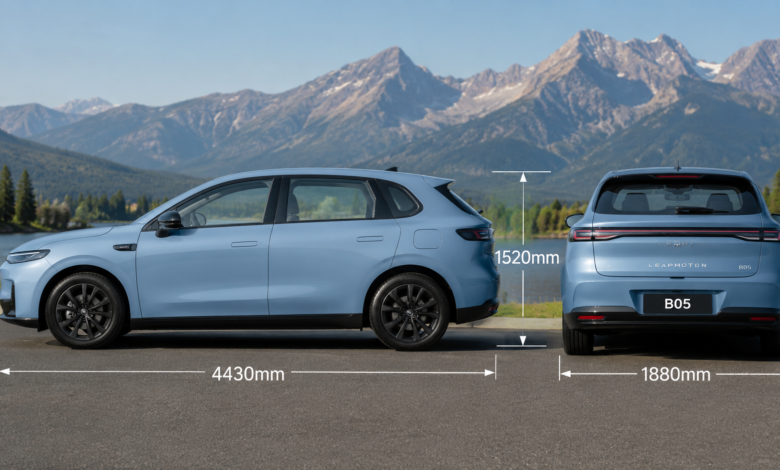 Leapmotor B05 dimensions showing length width height and boot space